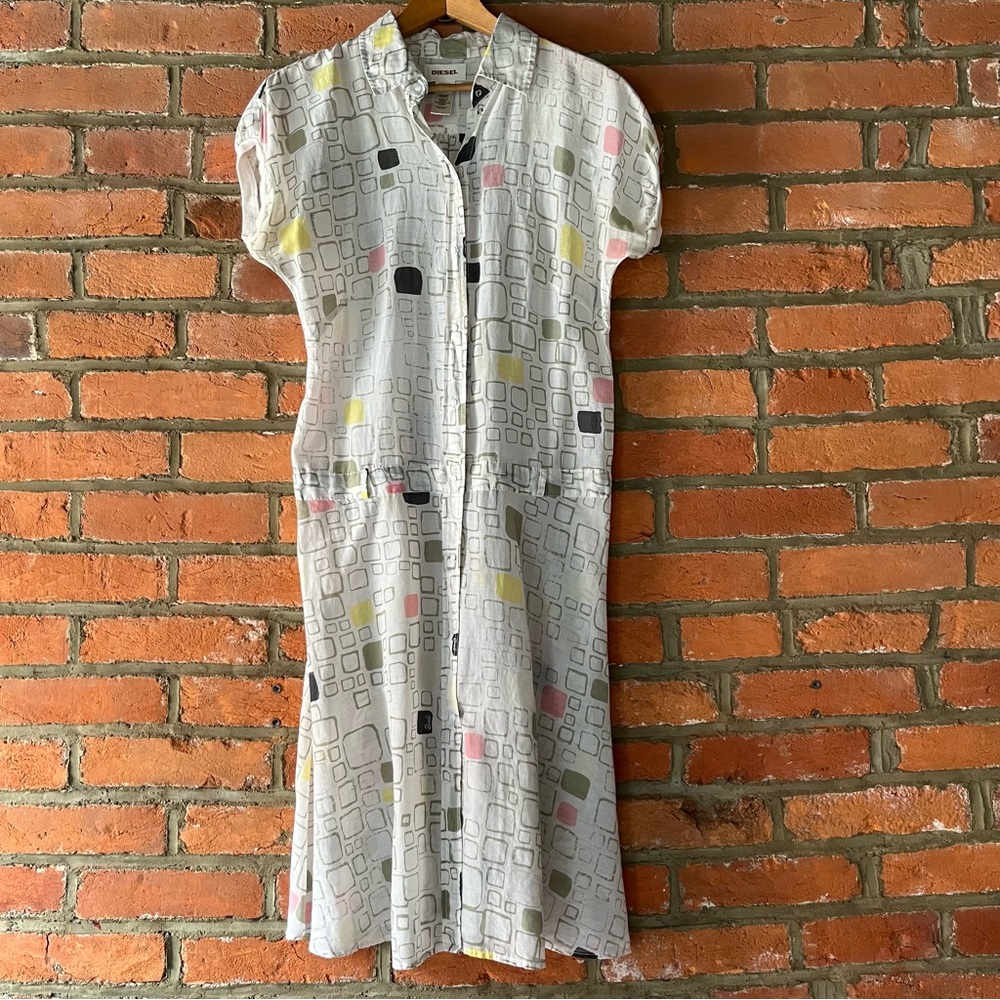 Diesel Vintage Sheer White Geometric Collared Snap Front Shirt Dress size S
